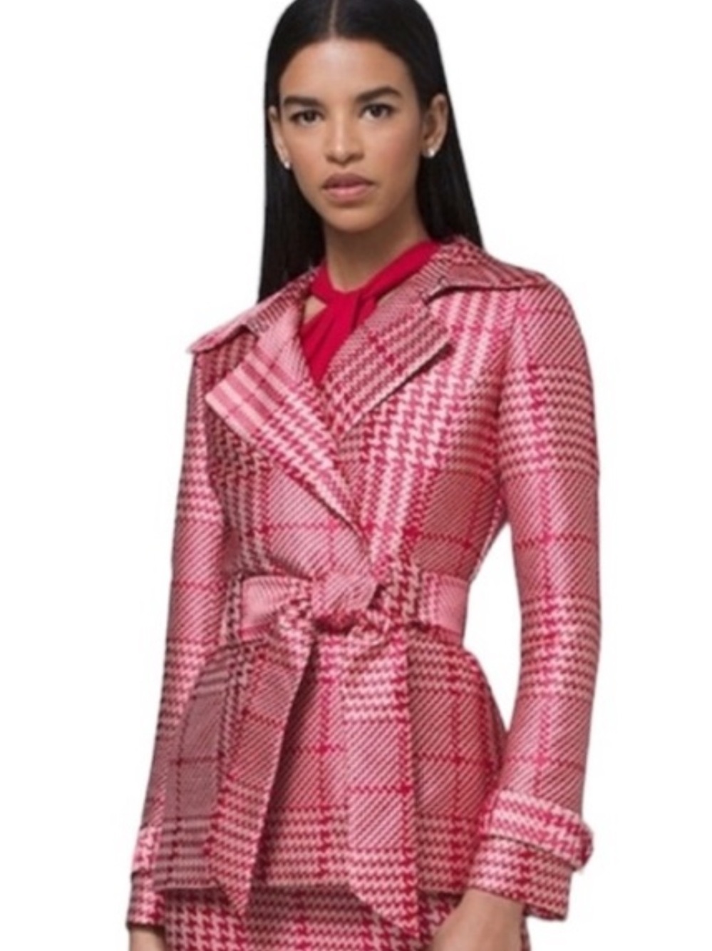 Stunning White House Black Market
Size S Bright Rose Houndstooth Trench Coat